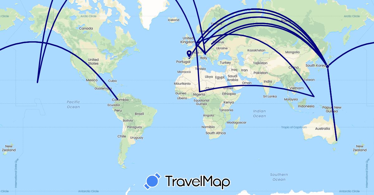 TravelMap itinerary: driving in Australia, Colombia, Germany, Spain, Croatia, Japan, Nigeria, Netherlands, Philippines, Poland, Slovenia, United States (Africa, Asia, Europe, North America, Oceania, South America)